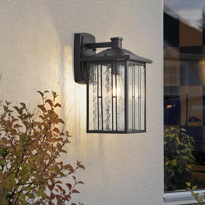 Outdoor Porch Light Fixtures, Black Wall Sconce Exterior Light, Large Front Ddoor Sconce Lights, Water Glass Outdoor Wall Lantern for Porch Garage House, 15”H
