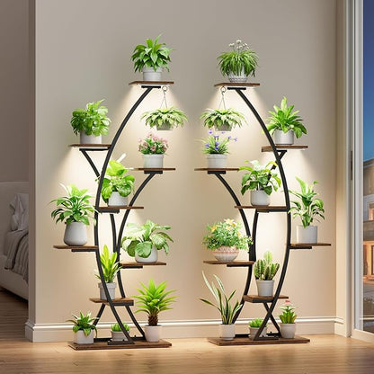 Plant Stand Indoor with Grow Lights: 64" 2 Pack Large Plant Stands, 8 Tiered Curved Plant Shelf for Indoor Plants Multiple, Tall Lighted Corner Display Stands, Flower Holder for Living Room, Patio
