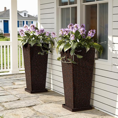 Square Tall Planters for Outdoor Plants Set of 2-23.6" Heavy-Duty Classic Tapered Indoor Flower Pots with Drainage Holes/Partition/Tray, Large Outdoor Planters for Porch Patio Garden, Brown