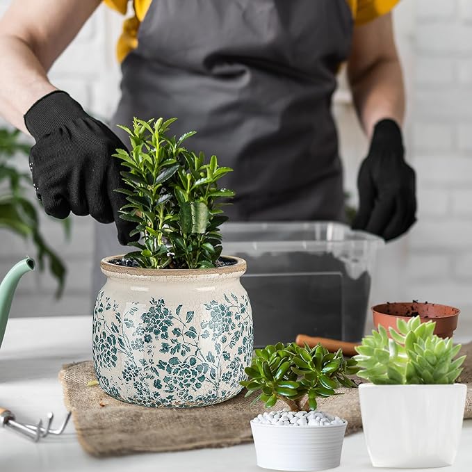 7.7" Large Ceramic Plant Pot Beige Green Vintage Peony Crackle Glaze Rustic Flowers Pot Decorative Planter with Drainage for Indoor Outdoor Plants Home Kitchen Office Decor Gift
