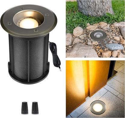 Gardenreet Brass Well Light - LED 12V Ip65 Waterproof Outdoor In-Ground Landscape Lighting, Low Voltage Replaceable Bulb Fixture, Antique Bronze for Tree Pathway Garden Without MR16 Bulb