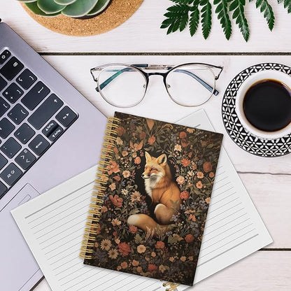 Fox Floral Spiral Notebook, Retro Black Cottagecore Floral Journaling Notebooks for Note Taking, Vintage Flower Aesthetic Hardcover Journals for Women 160 Pages 5.5x8.3 Inch, Fox Gifts for Women