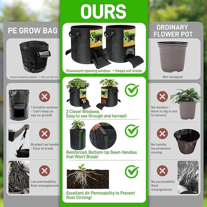 4 Pcs 15 Gallon Potato Grow Bags with Harvest & Visible Windows, Thickened Nonwoven Fabric Potato Planter,Potato Growing Containers with Sturdy Handles, Potato Bags for Growing Potatoes Vegetables