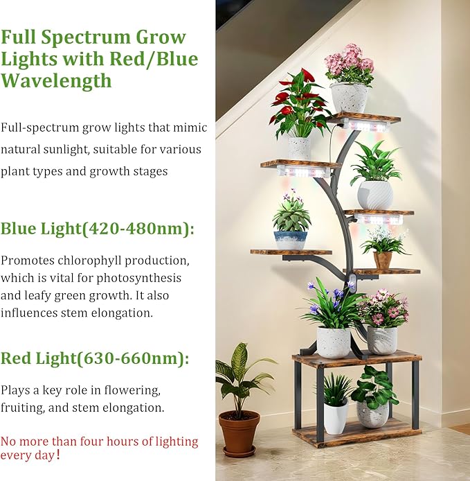 plant stand with lights for indoor plants, 7 Tiered Indoor Plant Shelf, 60" Corner Plant Stand with grow light, Metal tall Plant Flower Display Shelves, Tree-Shaped Plant Rack for Home, Patio, Black