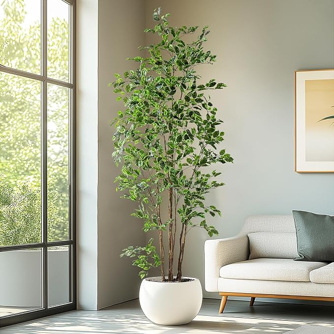 Artificial Ficus Tree Indoor 8ft, Large Potted Faux Tree with Realistic Silk Leaves & Trunk for Home Office, Living Room Corner Decor