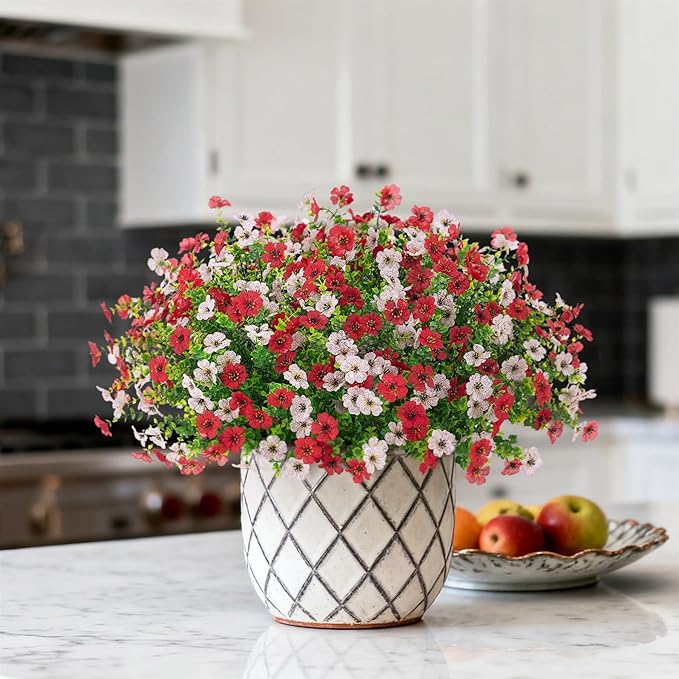 Artificial Fake Plants Flowers for Outdoor Spring Summer Decor, 12 Bundles Faux Silk Daisy for Planter Pot Colorful UV Resistant Look Real for Front Door Porch Patio Outside Yard(Red White)