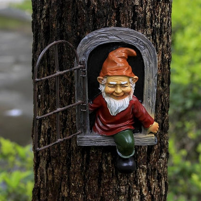 Gnome Open The Door Garden Decor Resin Tree Faces Decor Outdoor Fairy Garden Patio Lawn Porch (Red)