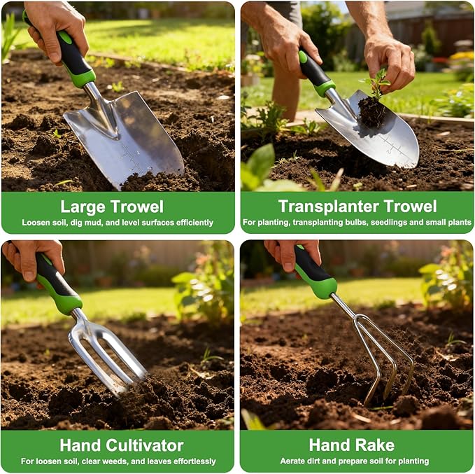 Yesker Gardening Tools 9-Piece Heavy Duty Garden Tool Set Gardening Supplies Gifts for Women Men Gardening Hand Tool Kit with Non-Slip Ergonomic Handle, Garden Bag, Durable Gloves, Spray Bottle, Green