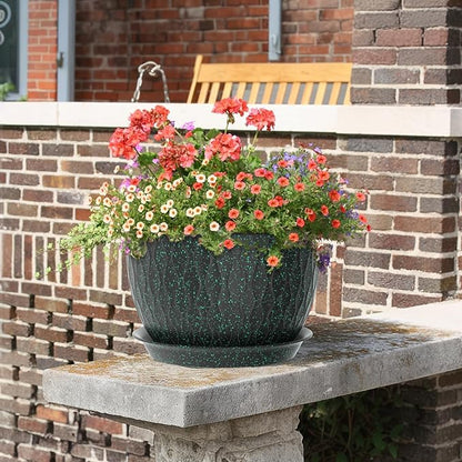 12/10/9 inch Large Plant Pots, 3 Pack Wide Flower Pots for Outdoor Indoor Plants, Water Ripples Plastic Planters with Drainage Holes and Saucers for Garden Hourse, Black with Green Speckles