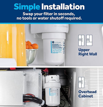 GE MWF Refrigerator Water Filter, Genuine Replacement Filter, Certified to Reduce Lead, Sulfur, and 50+ Other Impurities, Replace Every 6 Months for Best Results, Pack of 1