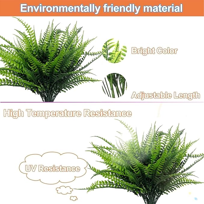 TURNMEON 12 Bundles Fake Boston Fern Artificial Plants Outdoor Spring Decor, UV Resistant Faux Plants Flowers Plastic Greenery Shrubs for Outside Indoor Home Gardens Patio Yards Porch Summer Decor