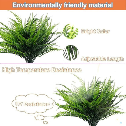 TURNMEON 12 Bundles Fake Boston Fern Artificial Plants Outdoor Spring Decor, UV Resistant Faux Plants Flowers Plastic Greenery Shrubs for Outside Indoor Home Gardens Patio Yards Porch Summer Decor