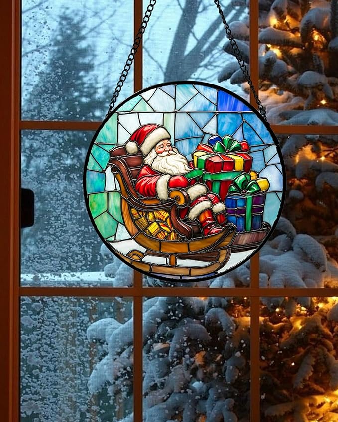 Stained Glass Window Hanging - Santa Claus Gift BoxSuncatcher for Doors Home Christmas Decoration Winter Sun Catcher Thanksgiving New Year Birthday Gift for Women Men Mom Nana 6.3 in