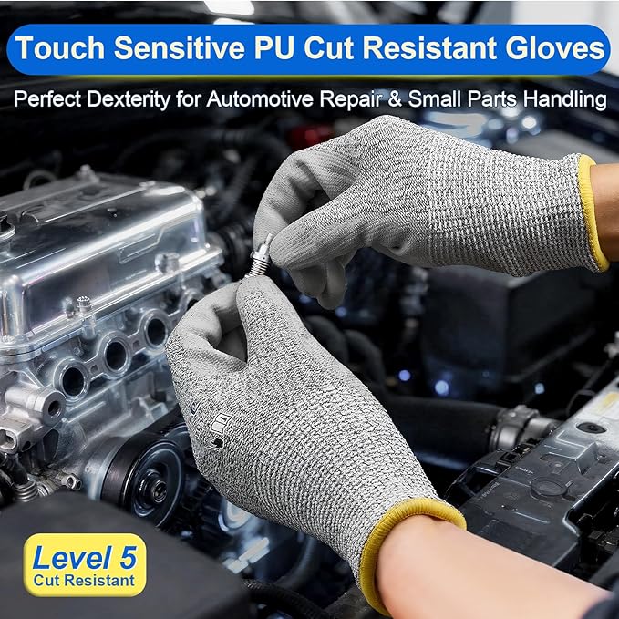 Dowellife 3 Pairs Level 5 Cut Resistant Work Gloves for Men and Women, PU Coated Breathable Gardening Gloves, Thin Flexible and Firm Grip for Mechanics and Fishing (Medium, Grey)