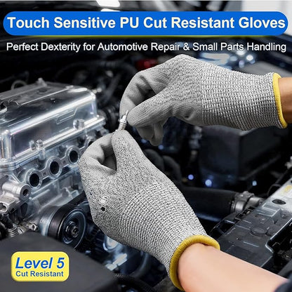 Dowellife 3 Pairs Level 5 Cut Resistant Work Gloves for Men and Women, PU Coated Breathable Gardening Gloves, Thin Flexible and Firm Grip for Mechanics and Fishing (Medium, Grey)