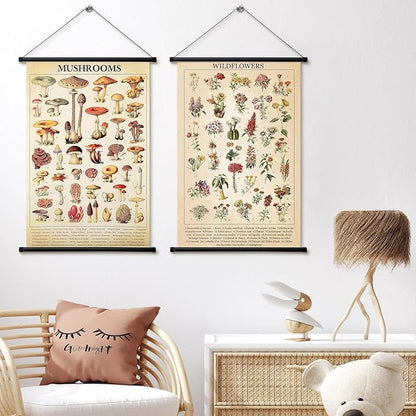 Geosar 2 Pcs Vintage Mushroom Flower Butterfly Tree Poster Fungus Rustic Wall Hanging Illustrative Reference Chart Poster for Bedroom Living Room, 15.7 x 23.6 Inch(Mushroom,Flower)