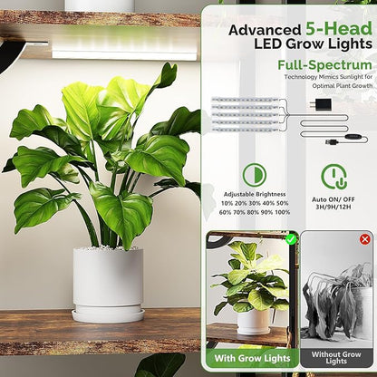 VINGLI 63″ Leaf-Shaped 10-Tier Metal Plant Stand with 5 Full-Spectrum LED Grow Lights, Tall Indoor Tiered Plant Shelf for Multiple Plants, Decorative & Functional Rack, Black