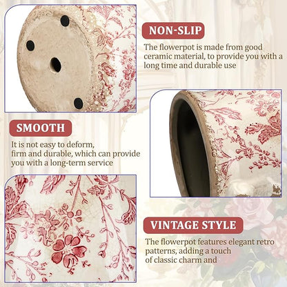 Ceramic Scroll Planter 6.5 Inch Chinoiserie Floral Vase with Drainage Holes Vintage Flower Vase Flower Pot Rustic Ceramic Pots for Indoor Plants Garden Home Bookshelf Decor(Retro Pink)