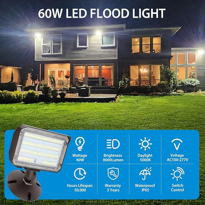 60W LED Flood Light Outdoor Knuckle, Switch Controlled Floodlight with Plate,5000K 8000Lm IP65 Waterproof Outdoor Security Lights for Yard Garden Garage,ETL Listed