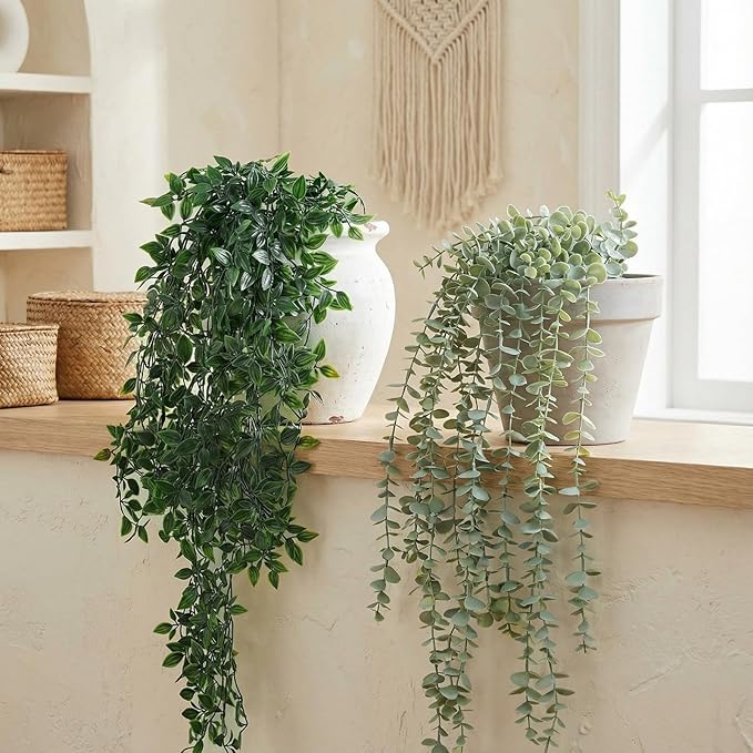 8 Pcs Artificial Hanging Plants Fake Hanging Ferns Plastic Faux Plants for Wall Room Garden Garland Indoor Outdoor Decor No Basket (Eucalyptus,Mandala Vine)