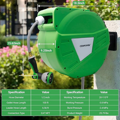 Retractable Garden Hose Reel, 1/2 in x 100 ft, Wall Mount Hose Reel, with 180° Swivel Bracket, Automatic Slow Return System, Any Length Lock for Outside