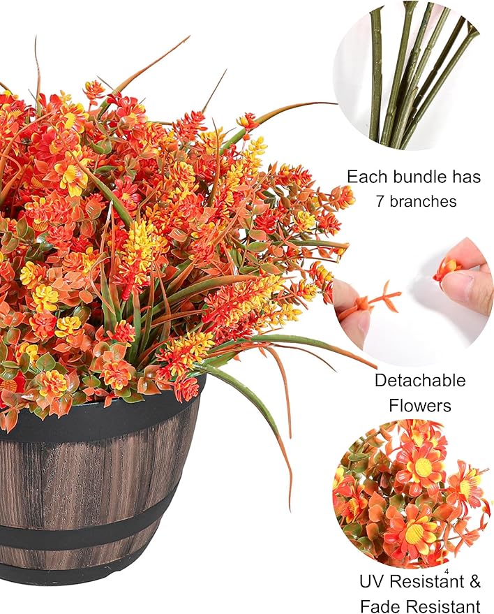 16 Bundles Artificial Flowers for Fall Outdoors Decoration - Fake Mums Faux Daisy Artificial Plants Plastic Lavender Shrubs Flower No Fade for Harvest Halloween Thanks Giving Day Decor
