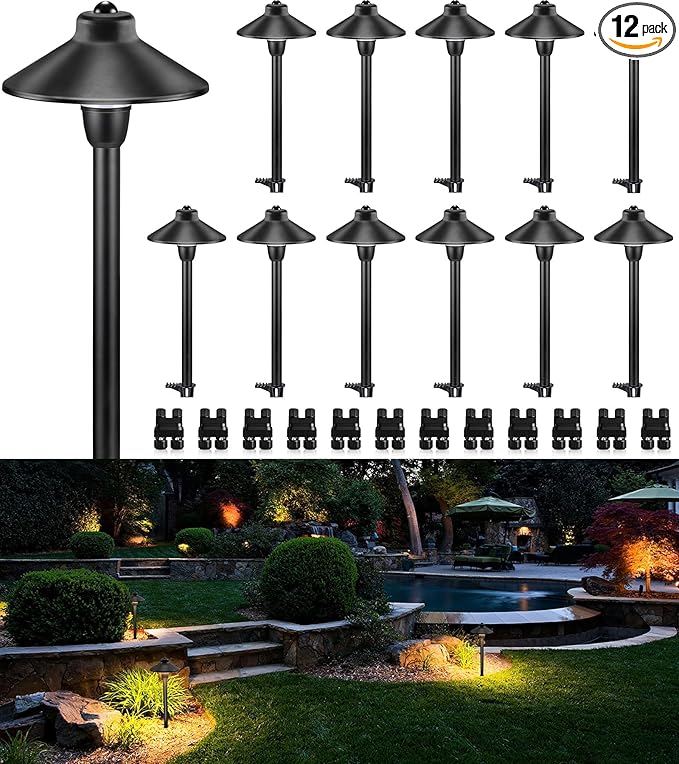 SUNVIE Low Voltage Pathway Lights LED Landscape Lighting 3000K Waterproof Landscape Path Lights 3W Landscape Lighting for Walkway Yard ETL Listed Cord, 12 Pack