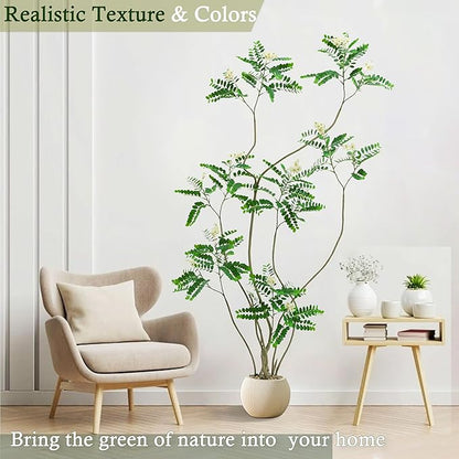 Artificial Locust Tree：6FT Faux Black Locust Floor Plant with White Flowers Small Round Silk Leaves & Elegant Branches in Beige Ribbed Planter for Indoor Home Office Decor Hotel Patio Studio
