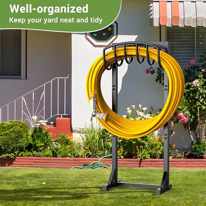 Garden Hose Holder with 4 Spikes, Water Hose Holders for Outside, 150ft Garden Hose Storage Heavy Duty Hose Hanger Metal Hose Stand Detachable Hose Reel Rack Organizer