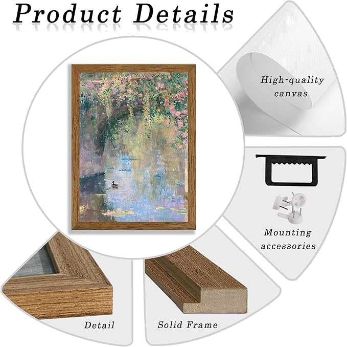 Wojuin Framed Vintage Monet Canvas Wall Art, Garden Rose Cute Animals Painting Picture Wall Decor, Sunset Iandscape Poster Impressionist Floral Prints for Living Room Bedroom Bathroom Office 8x10 in