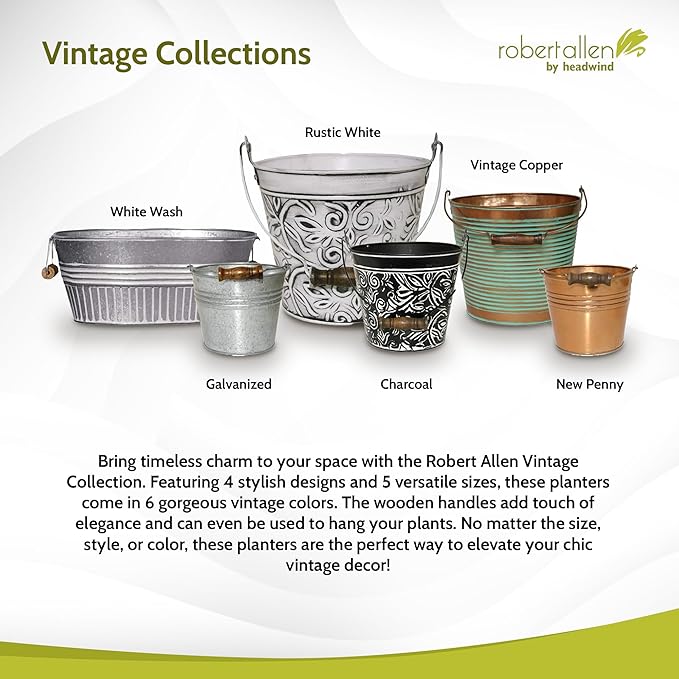 Headwind Vintage Collection - 6 Inch Galvanized w/White Wash Banded Planter with Handles – Galvanized Bucket Planter - Decorative Small Planters for Indoor Plants & Outdoor Use by Robert Allen