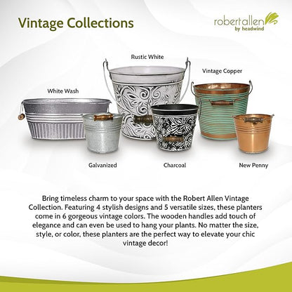 Headwind Robert Allen Vintage Ribbed Metal Planter with Handle, 10-Inch, New Penny – Lightweight Indoor/Outdoor Flower Pot with Drainage Hole