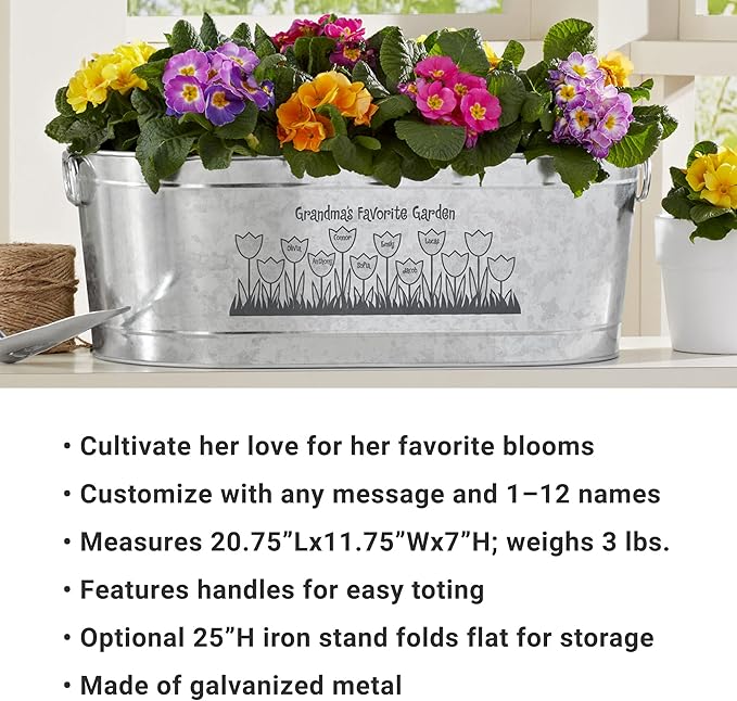 Let's Make Memories Personalized Planter Tub for Mom Grandma Wife - Custom Engraved Decorative Metal Flower Pot - for Mothers Day from Family Daughter Son Kids - 5.5 Gallons - Tulip Design