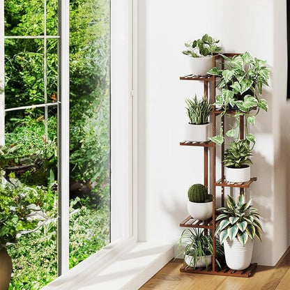 ROSSNY 48 Inch Tall Plant Stand Indoor, 6 Tier 7 Potted Bamboo Plant Stands for Indoor Plants, Corner Plant Stand, Tiered Plant Stands, Plant Shelf For Indoor, Planter Holder for Multiple Plants Indoor, Brown