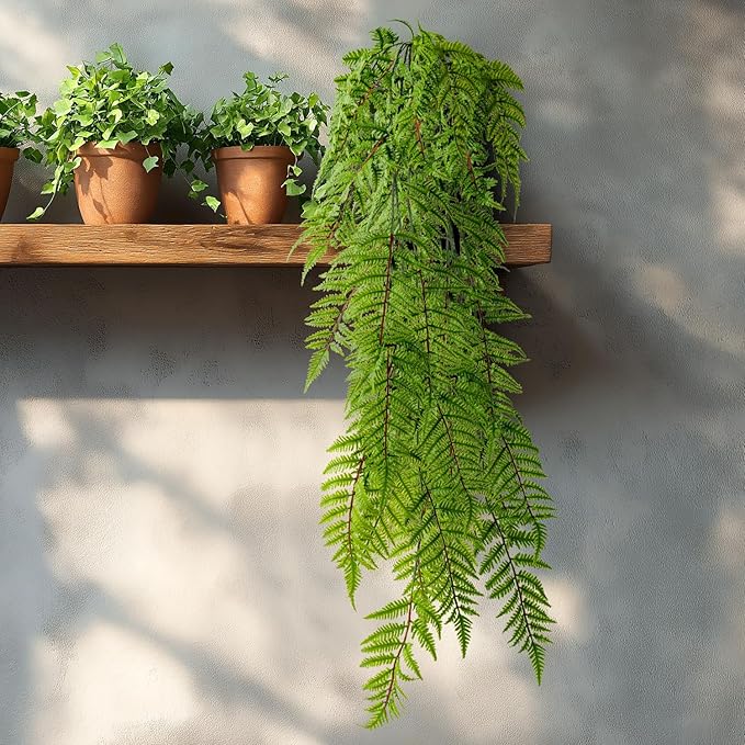 Faux Haning 2PCS 49IN Fake Fern Wall UV Resistant Artificial Fake Ivy Faux Greenery Plants for Patio Porch Plastic Plants for Indoor Outdoor