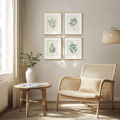 Framed Sage Green Botanical Wall Art for Bathroom, Farmhouse Plant Artwork for Bathroom Decor, 4 Piece Minimalist Vintage Leaf Picture Prints for Bedroom Kitchen Living Room Wall Decor, 8x10 Inch