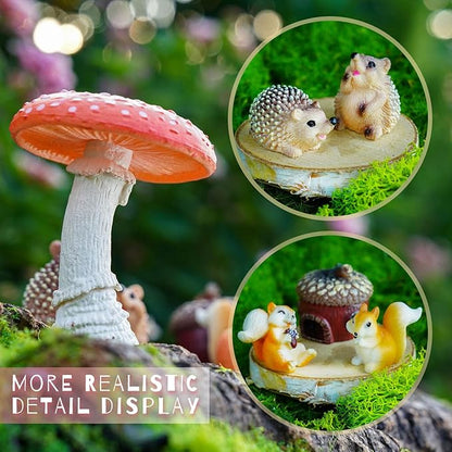 Fairy Garden Accessories, 7 Pieces Squirrel & Hedgehog Resin Figures with Acorn & Mushroom, Handmade Miniature Decor, Garden Miniatures and Home Decorations, Perfect DIY Gift for Kids