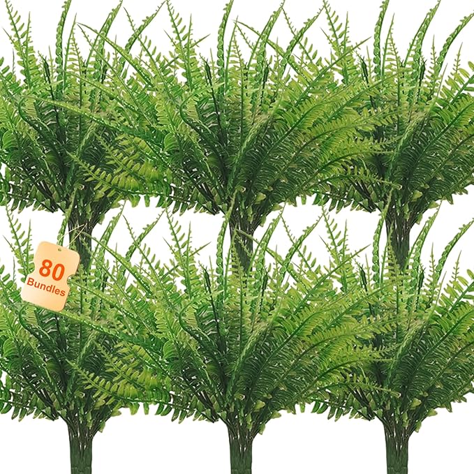80 Pcs Artificial Fake Boston Fern Plants Bushes Faux Plants Shrubs Greenery UV Resistant for House Office Garden Indoor Outdoor Décor