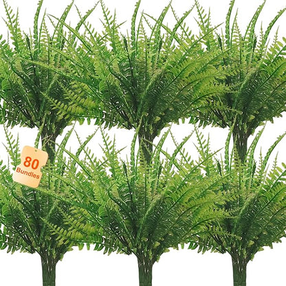 80 Pcs Artificial Fake Boston Fern Plants Bushes Faux Plants Shrubs Greenery UV Resistant for House Office Garden Indoor Outdoor Décor