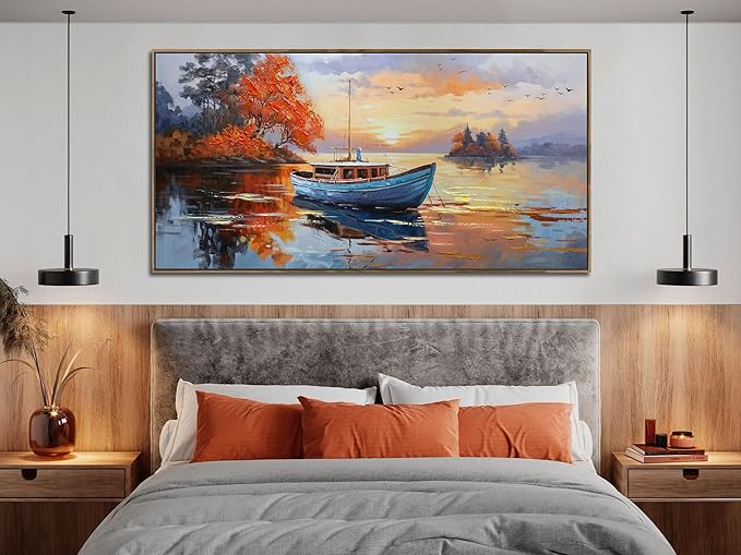 Brushart Ship Wall Art for Living Room, Large Canvas Wall Art Landscape Pictures Paintings Wall Decor Textured Artwork for Walls Bedroom Home Office, Framed 48"x24"