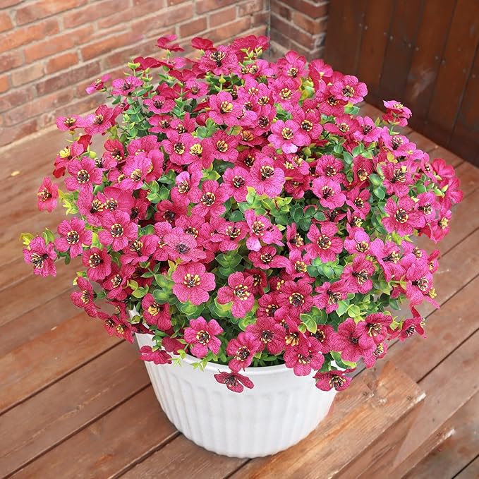 Faux Flowers for Outdoor Planters, Artificial Flowers for Outdoors, 12 Bundles Outdoor Flowers Uv Resistant, Artificial Flowers for Decoration, Red, Silk Faux Spring Flowers for Outside