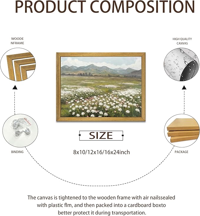 Framed Canvas Wall Art, Vintage Landscape Bathroom Wall Decor, Countryside Flower Field Classic Print Poster, Farmhouse Kitchen Oil Painting, large Artwork Living Room Home Decor 12x16 Inch