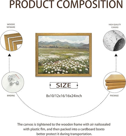 Framed Canvas Wall Art, Vintage Landscape Bathroom Wall Decor, Countryside Flower Field Classic Print Poster, Farmhouse Kitchen Oil Painting, large Artwork Living Room Home Decor 12x16 Inch
