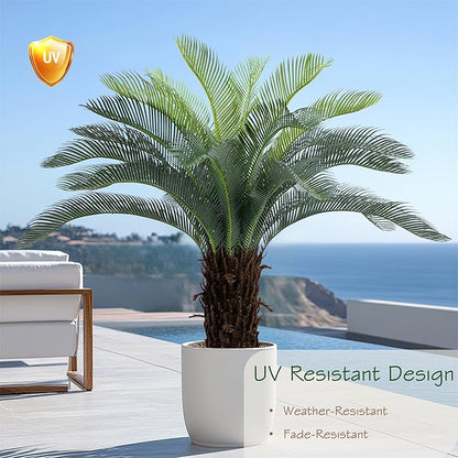 Bellacat 4ft UV Resistant Faux Sago Palm Tree with Natural & Lifelike Bark, 48in Super Full Artificial Cycad Tree with Realistic Leaves, for Home Office Patio Porch Front Door Decor.