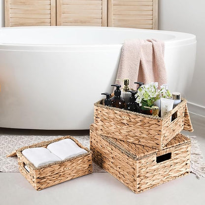 Wicker Storage Baskets with Lids and Handles, Hand Woven Rattan Storage Bins Box, Set 3 Natural Water Hyacinth Decorative Large Small Basket Container for Shelves, Bathroom Organizing