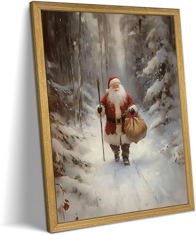 Christmas Wall Art, Vintage Santa Claus Wall Decor, Santa Claus Is Coming To Town Painting Artwork Canvas Prints, Country Winter Christmas Holiday Poster Pictures for Home Bedroom 12x16 Inch Framed