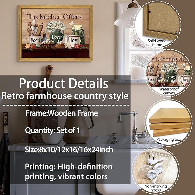 Vintage Kitchen Pictures Wall Decor, Country Kitchen Food Still Life Wall Art, Dining Room Decor Oil Painting, Canvas Prints Picture For Dining Room Kitchen Home Decor 12x16 Inch Wood Framed