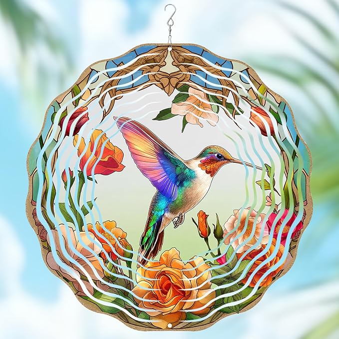 Hummingbird Wind Spinner, Hummingbird Gifts for Women Men Mom Wife Grandma, 12" Metal Outdoor Indoor Hanging Ornament for Garden Porch Backyard, Gift for Birthday Thanksgiving Christmas