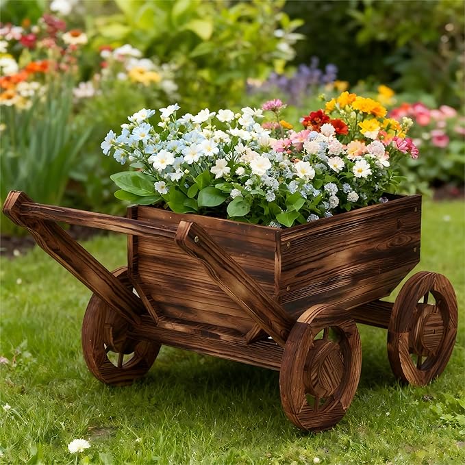 Wooden Flower Cart with Wheels Wooden Wagon Planter Outdoor Garden Planter Decor Planter for Patio Balcony Trolley Decoration Succulent Flower Pot, Indoor Backyard Balcon Decor（S）