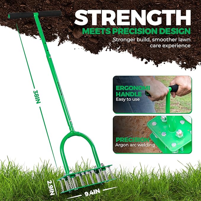 Manual Aerator Lawn Tool With 15 Iron Spikes, 6-Spring Self-Cleaning Heavy-Duty Lawn Aerator Tool - Automatic Reset & Dirt / Leaf Clean System For Soil Loosening & Dethatching In Yard, Patio & Garden